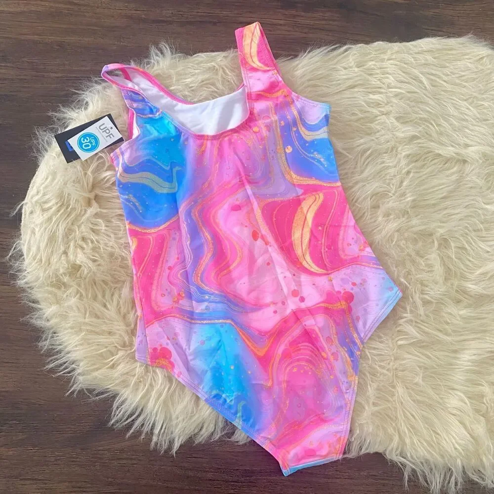 NWT Girls One Piece Swimsuit Pink Blue Neon Bright Colored 11 / 12 Y UPF 30+ Sun